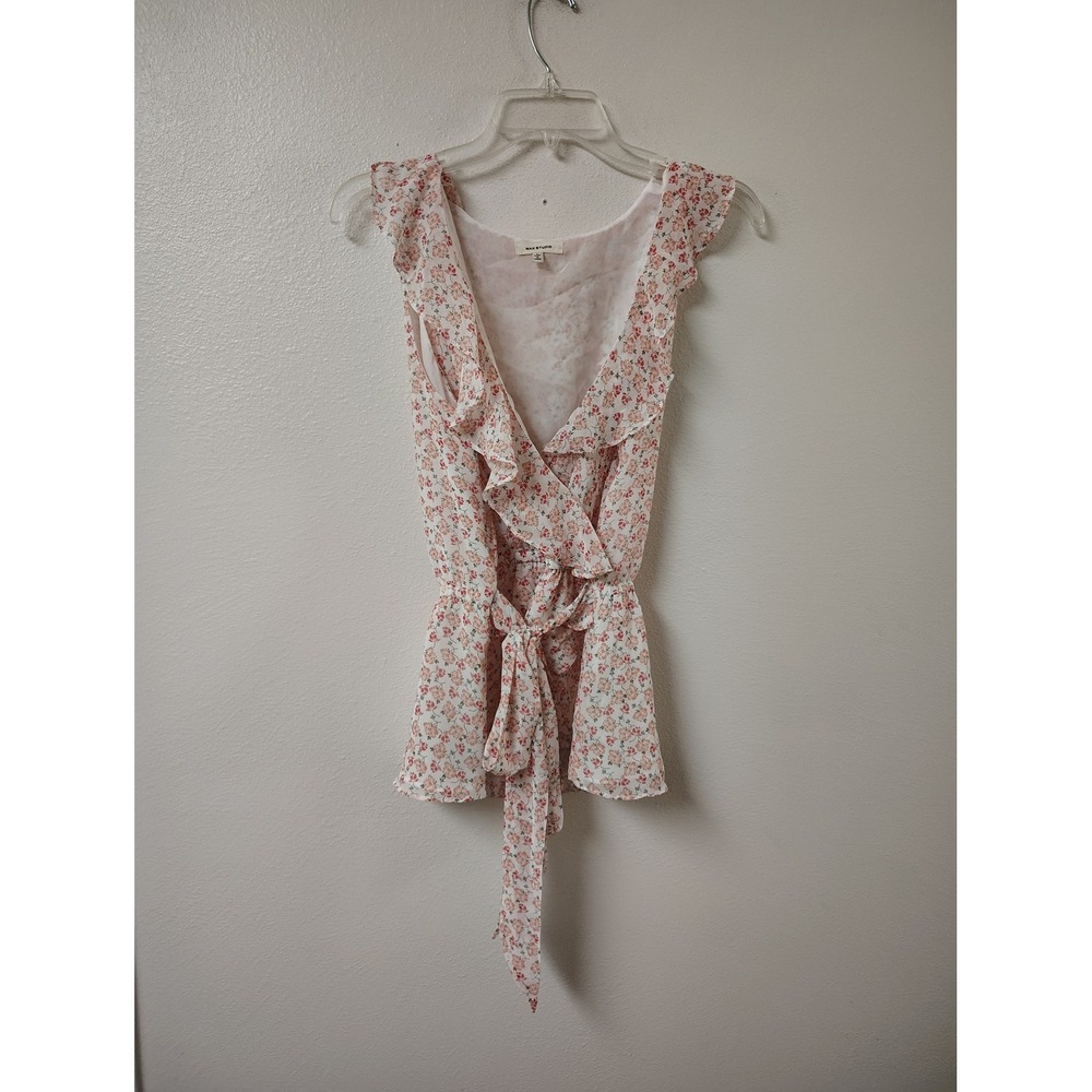Max Studio Womens Floral Ruffle V-Neck Sleeveless Tie Waist Blouse Pink Large